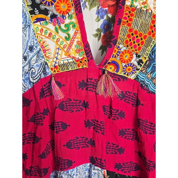 Anandas Boho Patchwork Tunic top Bell Sleeve Tassel Dress Women's Size XXL - Picture 2 of 11